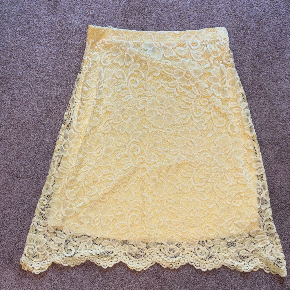 Stretchy Yellow Lace Overlay Knee-Length Skirt XL